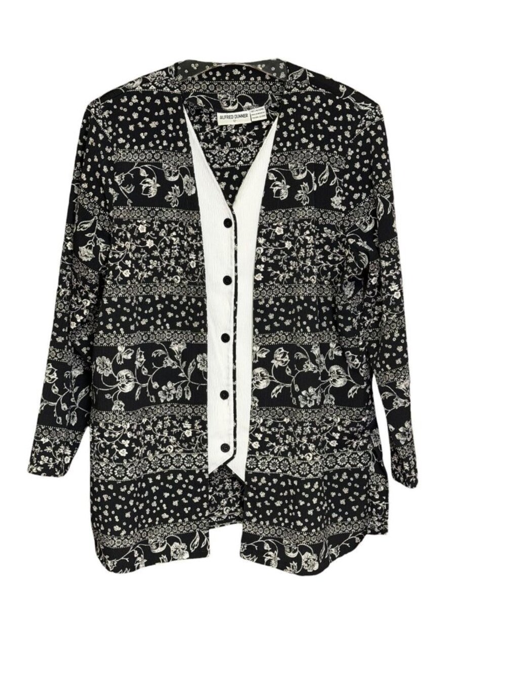 Alfred Dunner Layered Blouse Jacket Black White Floral Size 12